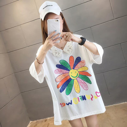 大人可愛い ロング丈 ゆったり 切り替え 三色半袖Tシャツ＜U-8129＞