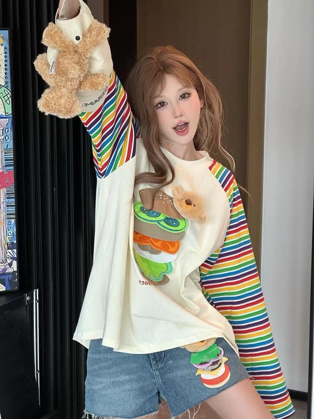 都市ファッショ デザイン オシャレ 大人可愛い 着心地良い プリント ストライプ柄 半袖Tシャツ<U-9332>