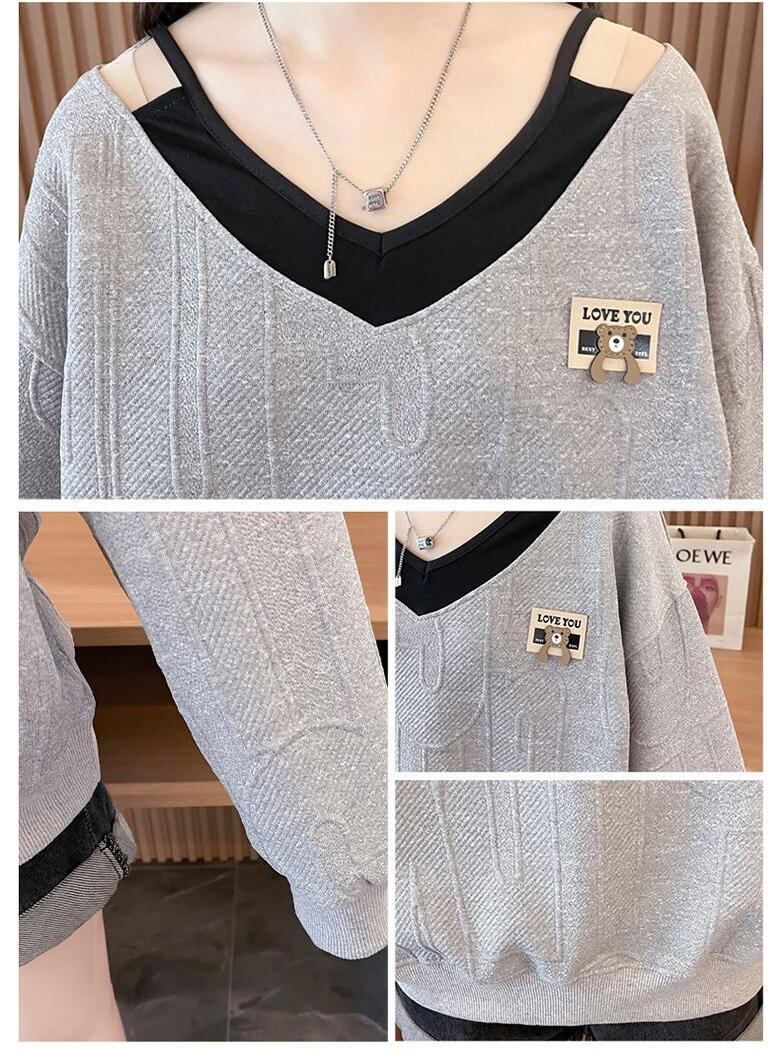 女子マスト  レイヤード風 熊柄ロゴゆったり厚手スウェット全3色トップス<U-4614>