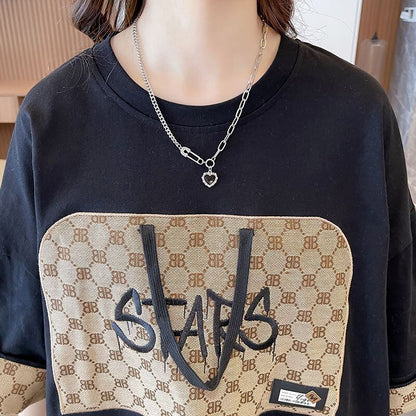 活躍する優秀アイテム 刺繍 個性的なデザイン 切り替え 2色選択 半袖 Tシャツ <U-9275>