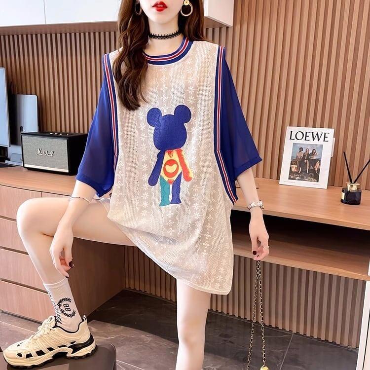 夏新作 レース ベアー カラーマッチング ロングTシャツ ゆったり5分袖 ＜U-2942＞