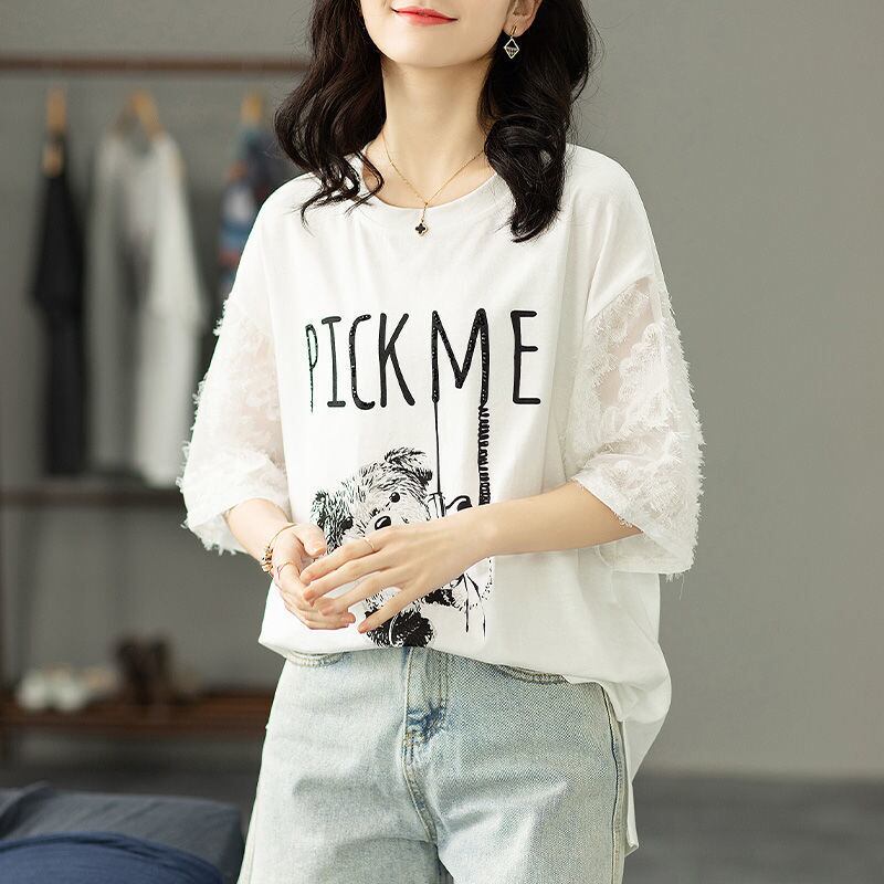 絶対欲しい レース エレガント 切り替え プリント 半袖Tシャツ＜U-8587＞
