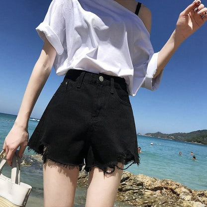 【半額！期間限定！！】シンプルファッションルーズワイドレッグAライン薄いオールマッチリップドハイウエストデニムショートパンツ<U-3034>