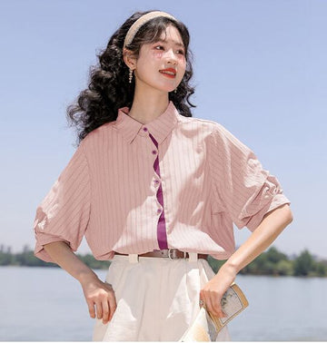 好感度UP 上質 美人度アップ 知的 ストライプ柄 3色選択 半袖シャツ＜U-9047＞