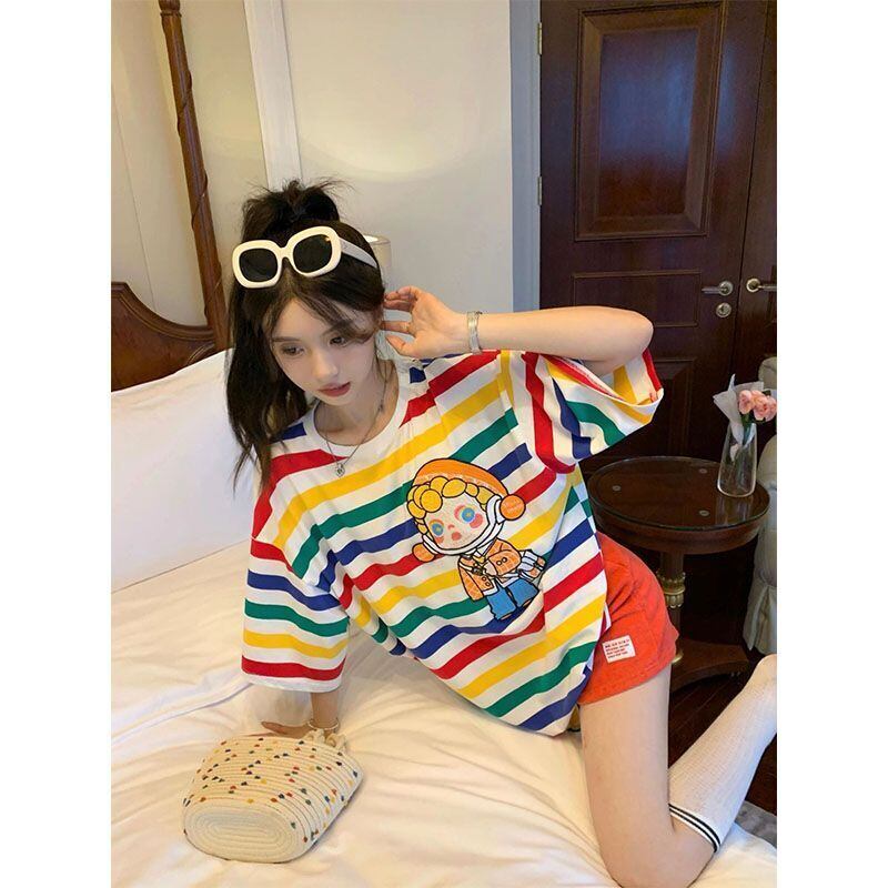 売り切れ必至 トレンドアイテム 存在感抜群 ストライプ柄 半袖Tシャツ<U-9270>
