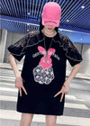 レースステッチアイスシルクニットルーズラビットプリント半袖Tシャツ<U-5038>