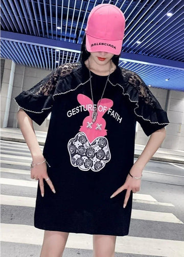 レースステッチアイスシルクニットルーズラビットプリント半袖Tシャツ<U-5038>