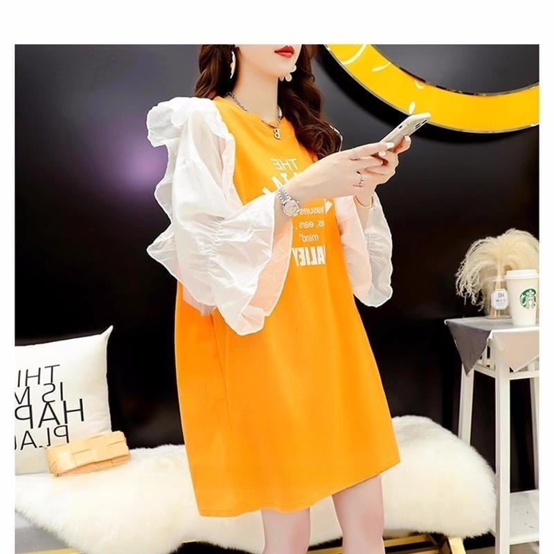 女子力アップ アルファベット パフスリーブ プリント ロングTシャツ ゆったりワンピース ＜U-3054＞