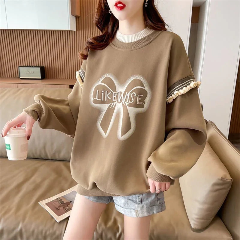 新しい薄い緩い刺繍ステッチフェイクツーピースプルオーバーセーター<U-3045>