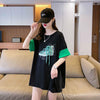 韓国系 プリント ラウンドネック ロング Tシャツ ゆったり半袖 ＜U-2988＞