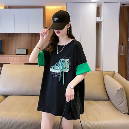 韓国系 プリント ラウンドネック ロング Tシャツ ゆったり半袖 ＜U-2988＞