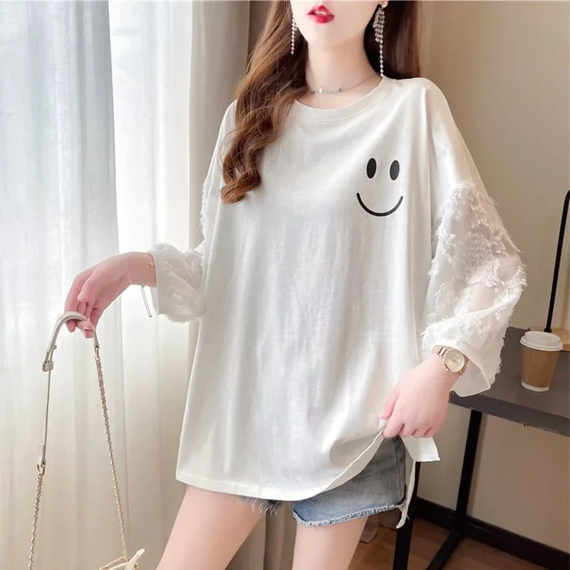 好感度満載 レース切り替え 笑顔 ゆったり ホワイト 着?せ 七分袖 Tシャツ　＜isf-1938＞