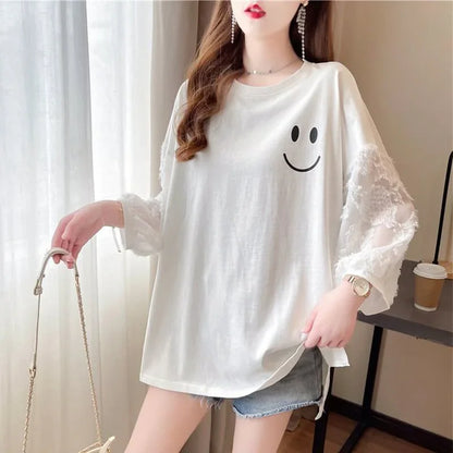 好感度満載 レース切り替え 笑顔 ゆったり ホワイト 着?せ 七分袖 Tシャツ　＜isf-1938＞