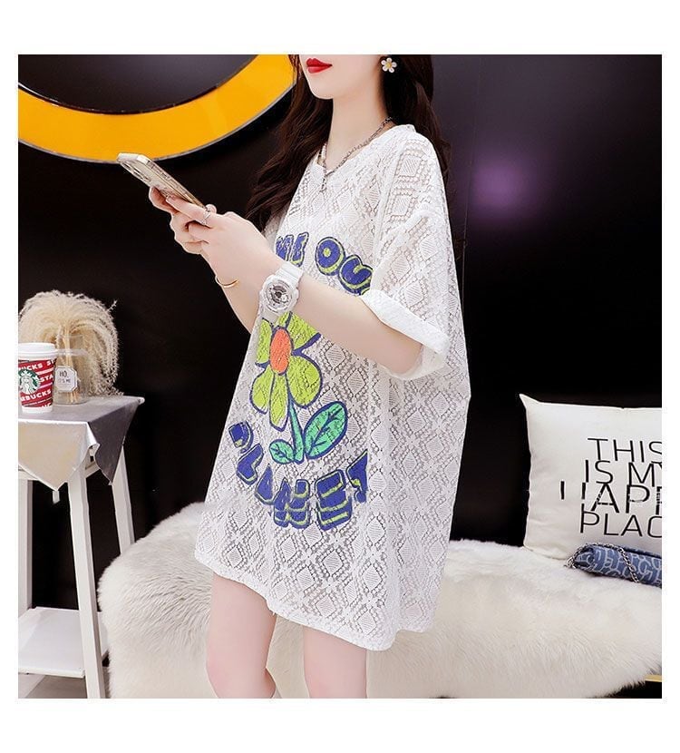 【半額！期間限定！！】新商品 切り替え 一目惚れ 透かし彫り プリント Tシャツ カットソー＜U-8523＞
