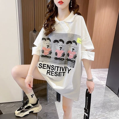 夏新作 アルファベットプリント POLOネック ロング Tシャツ ゆったりワンピース ＜U-3038＞