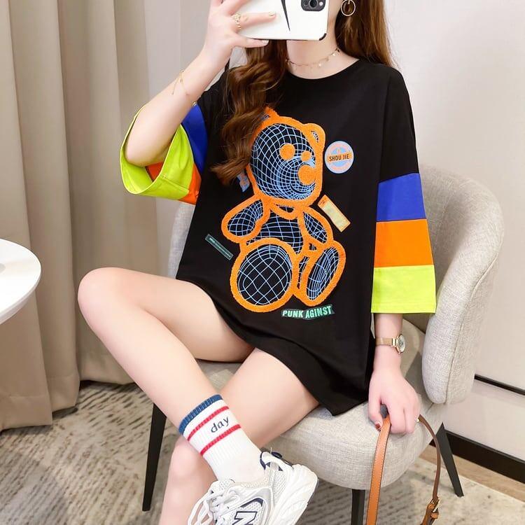 超人気商品 カラーマッチング ベアー柄 切り替え プリント ロング Tシャツ ゆったりワンピース ＜U-4024＞