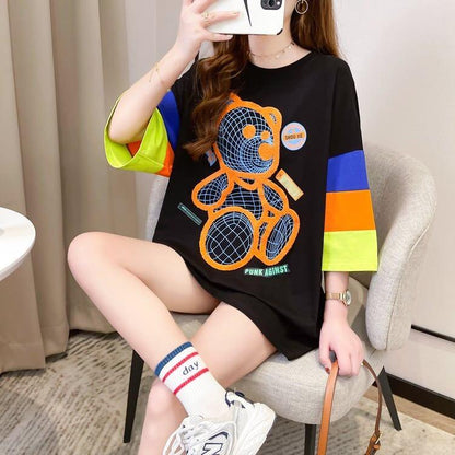 超人気商品 カラーマッチング ベアー柄 切り替え プリント ロング Tシャツ ゆったりワンピース ＜U-4024＞