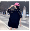 レースステッチアイスシルクニットルーズラビットプリント半袖Tシャツ<U-5038>