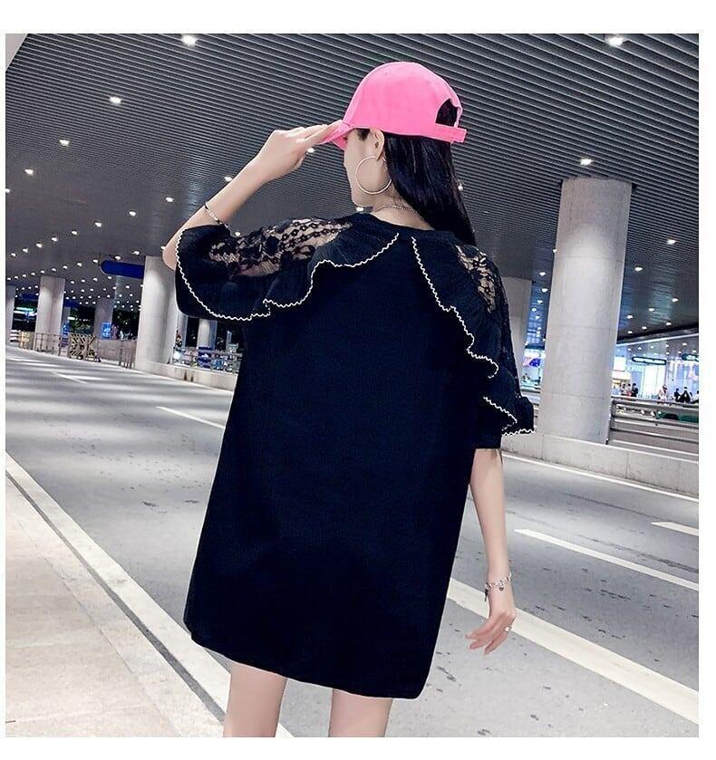 レースステッチアイスシルクニットルーズラビットプリント半袖Tシャツ<U-5038>