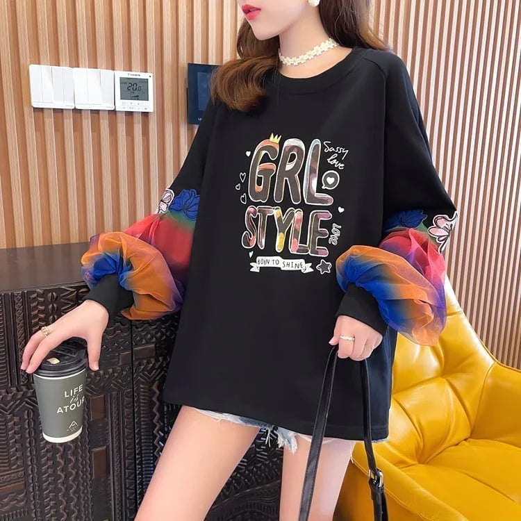 秋の新作 パフスリーブ アルファベットプリント 長袖ラグランTシャツトップス<U-4032>
