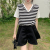 上質 レイヤード風 好感度UP ストライプ柄 リボン ニット 全2色 半袖Tシャツ＜ U-9211＞