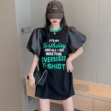 話題沸騰中 パフスリーブ ファッション プリント 全2色 半袖 Tシャツ <U-8662>