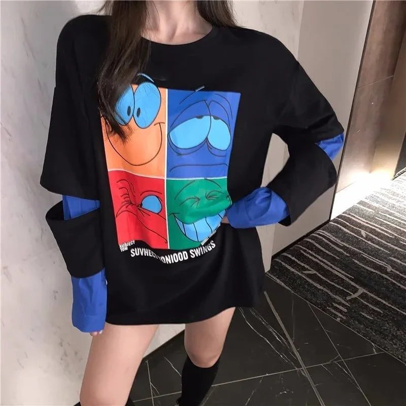 見逃し禁止レイヤード  グラフィックプリント 二色長袖Tシャツ＜U-4065＞