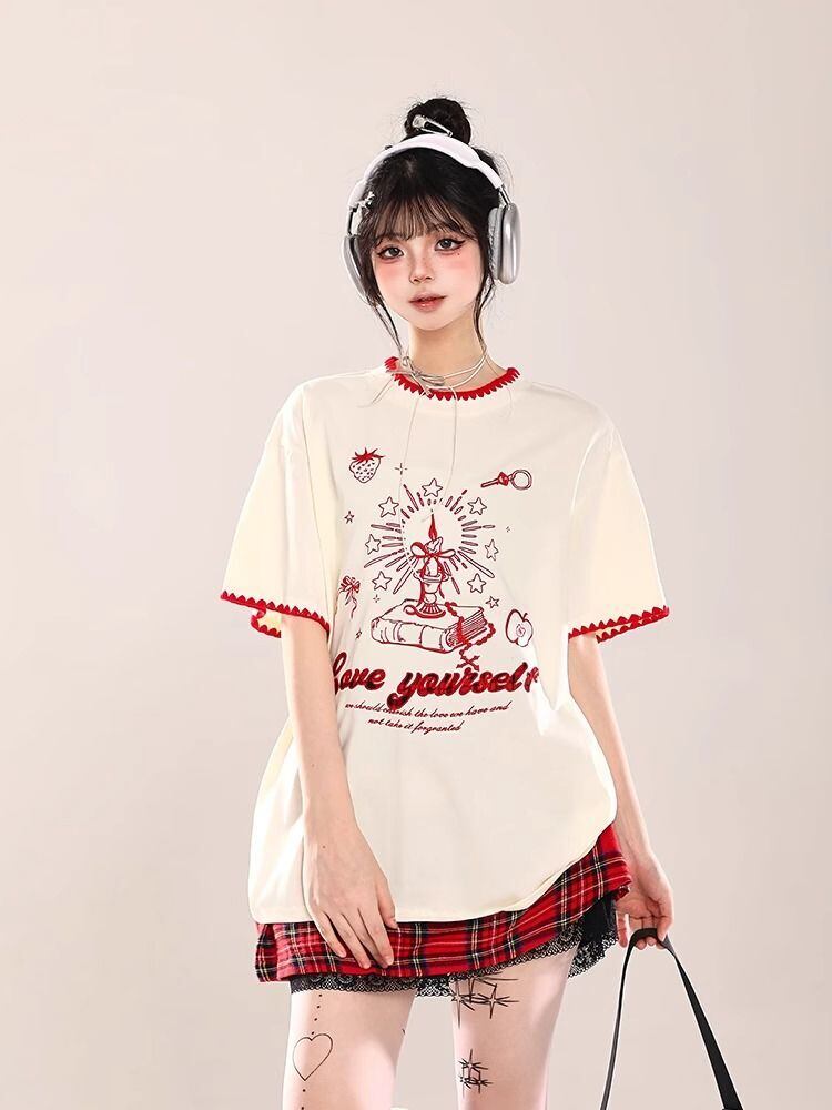 大人可愛い 早い者勝ち 絶対流行 カジュアル 2色選択 Tシャツ<U-11108>