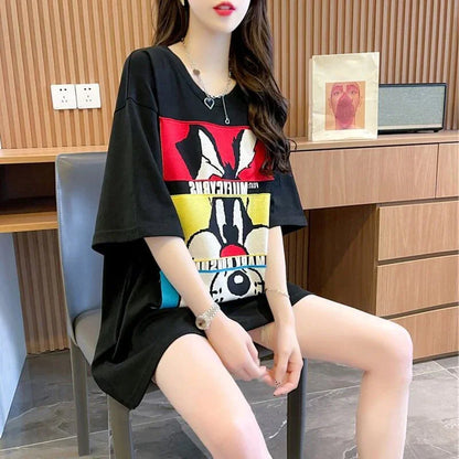 清純甘くて女子力UP ラウンドネック 一目惚れ カートゥーンプリント Tシャツ＜U-2817＞
