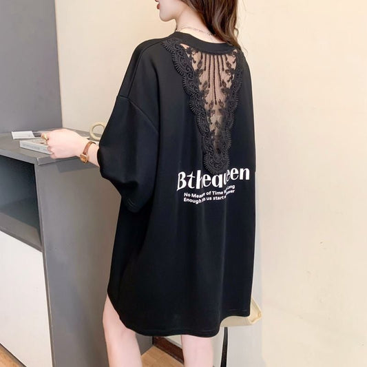 話題沸騰中 レース アバンギャルド 切り替え ホットダイヤモンド 3色選択 半袖Tシャツ＜U-8547＞