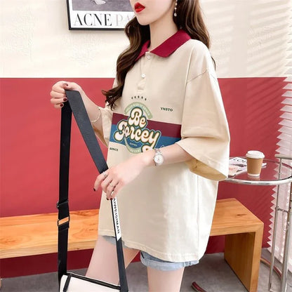 スタイルアップ グラフィック POLOネック ドロップショルダーTシャツ ゆったり半袖 ＜U-3048＞