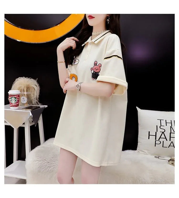 韓国系 ロング POLOネック Tシャツ 四色 ゆったり半袖 ＜U-2869＞