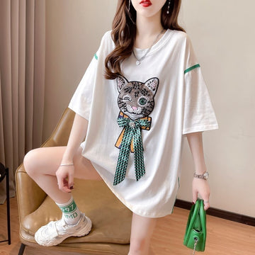 質感のいい 猫刺繍 立体のリボン ロング Tシャツ ゆったり半袖 ＜U-2919＞