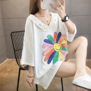 大人可愛い ロング丈 ゆったり 切り替え 三色半袖Tシャツ＜U-8129＞