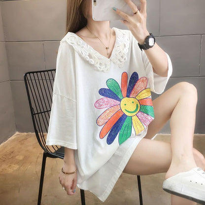 大人可愛い ロング丈 ゆったり 切り替え 三色半袖Tシャツ＜U-8129＞