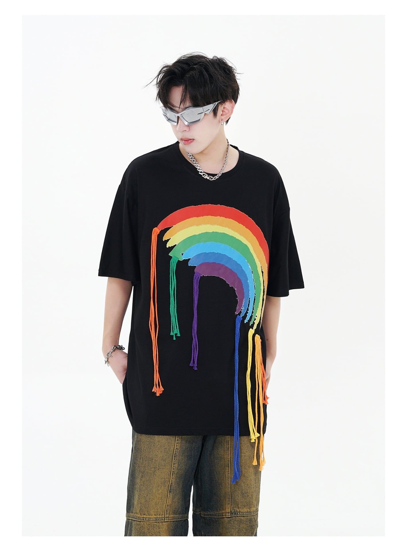 好感度UP 虹ロゴ タッセル ゆったり Tシャツ 全2色 ユニセックス半袖<U-4863>