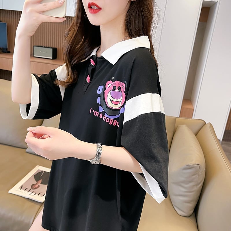 POLOネック 切り替え 熊柄 ロング プリント Tシャツ 二色 ゆったりワンピース ＜U-3020＞