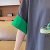 韓国系 プリント ラウンドネック ロング Tシャツ ゆったり半袖 ＜U-2988＞