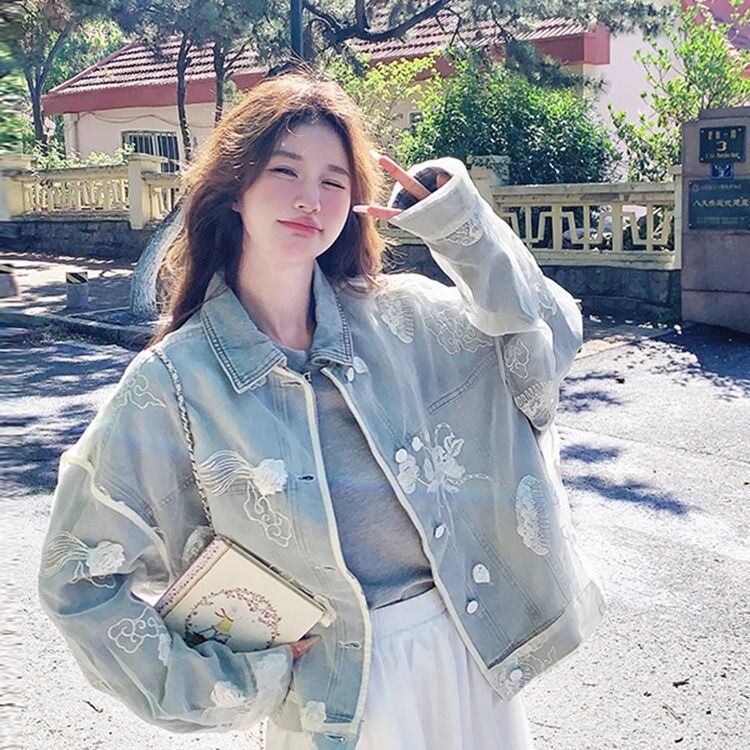流行新作 ファッション感満々 目を奪われる レース 切り替え デニム ジャケット ＜U-9412＞