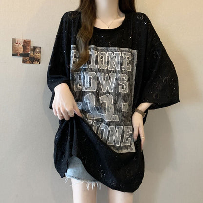 超人気 アバンギャルド 絶対流行 レース プリント全2色 半袖Tシャツ<U-8798>