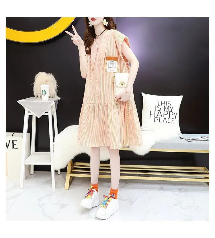 洋風VネックワンピースTシャツゆったりスリム半袖スカート<2857>