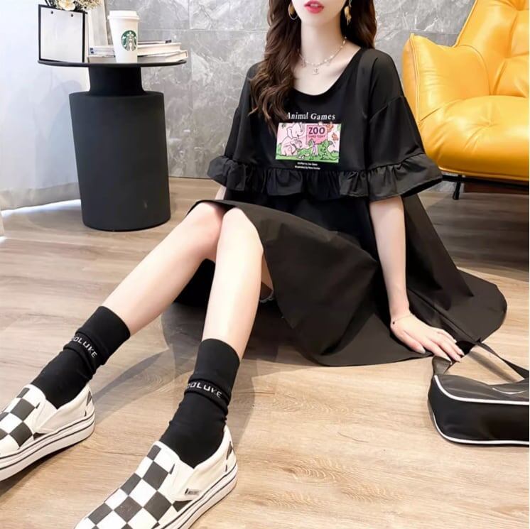 ミドル丈のイレギュラー半袖Tシャツワンピース<U-5007>