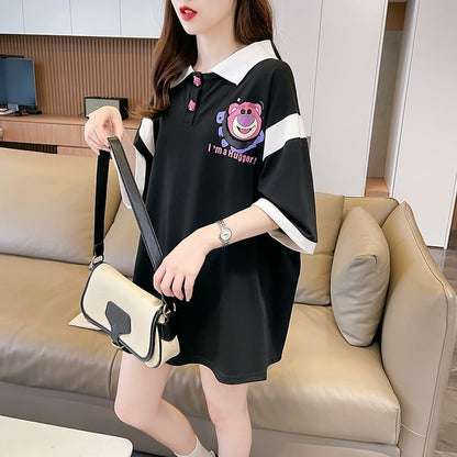 POLOネック 切り替え 熊柄 ロング プリント Tシャツ 二色 ゆったりワンピース ＜U-3020＞