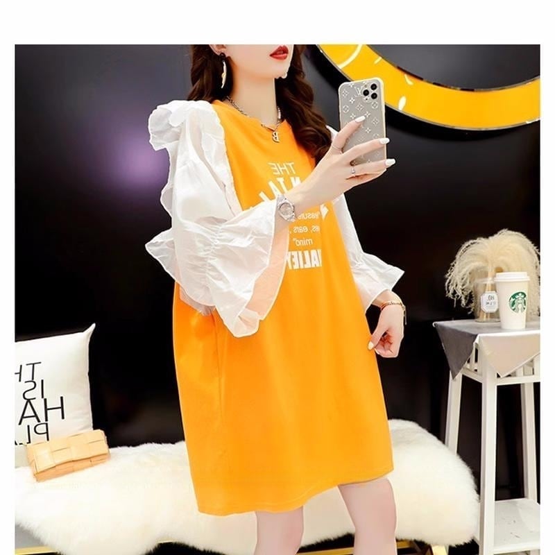 女子力アップ アルファベット パフスリーブ プリント ロングTシャツ ゆったりワンピース ＜U-3054＞