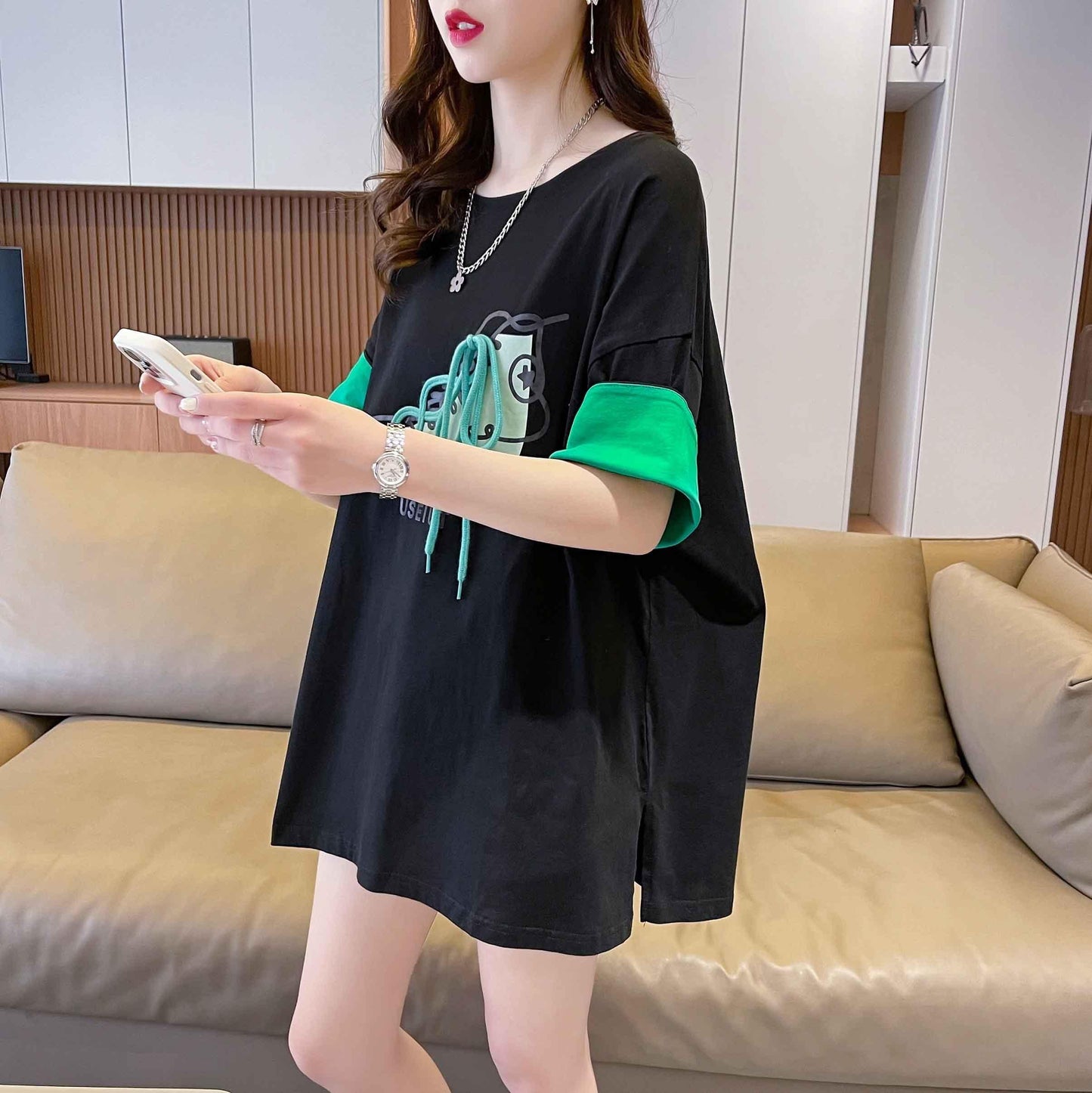 韓国系 プリント ラウンドネック ロング Tシャツ ゆったり半袖 ＜U-2988＞