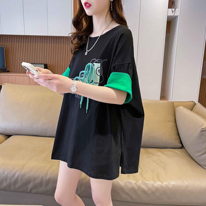 韓国系 プリント ラウンドネック ロング Tシャツ ゆったり半袖 ＜U-2988＞