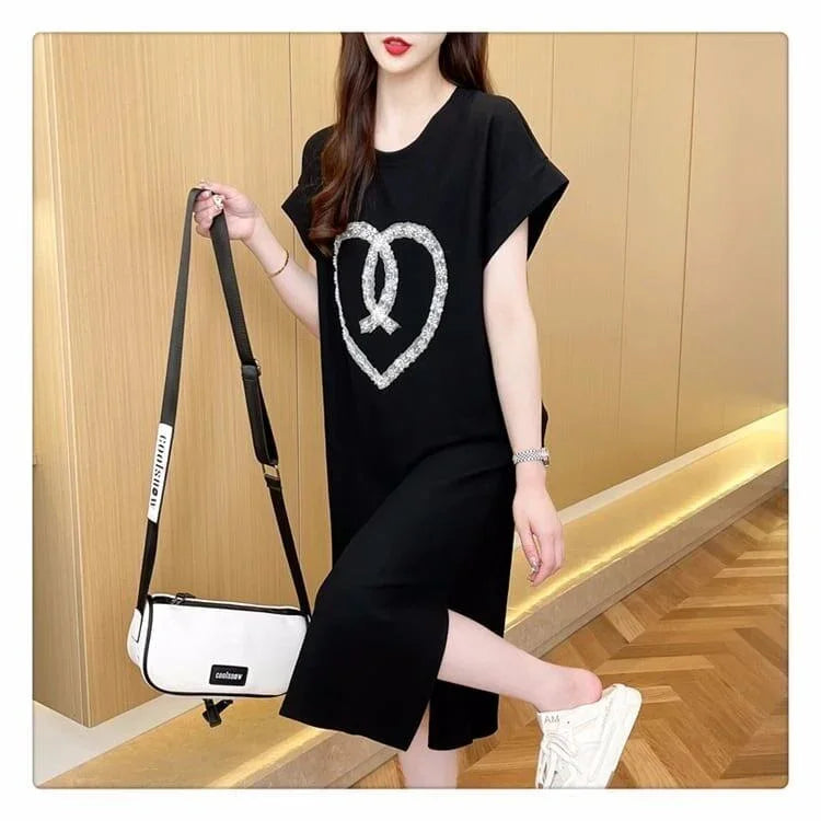韓国系 ロング ハートマーク Tシャツ 半袖 ＜U-2837＞