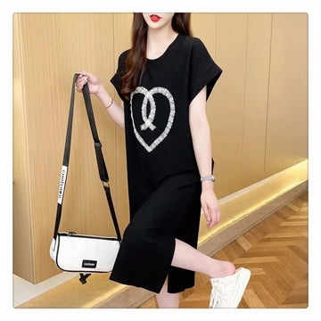 韓国系 ロング ハートマーク Tシャツ 半袖 ＜U-2837＞