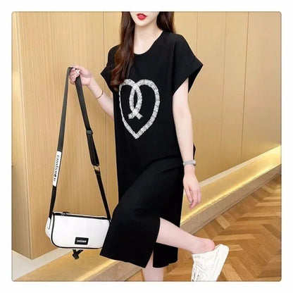 韓国系 ロング ハートマーク Tシャツ 半袖 ＜U-2837＞