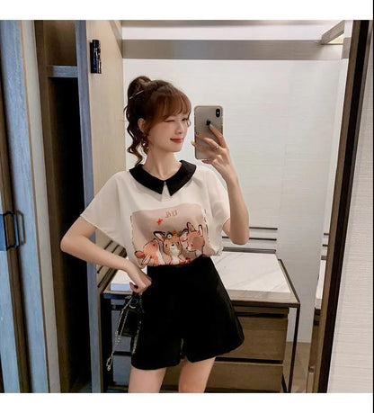 美人度アップ シフォン スウィート 半袖 Tシャツ ショートパンツ セットアップ ＜U-9234＞
